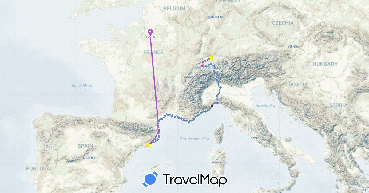 TravelMap itinerary: cycling, train, mountainbike in Switzerland, Spain, France (Europe)